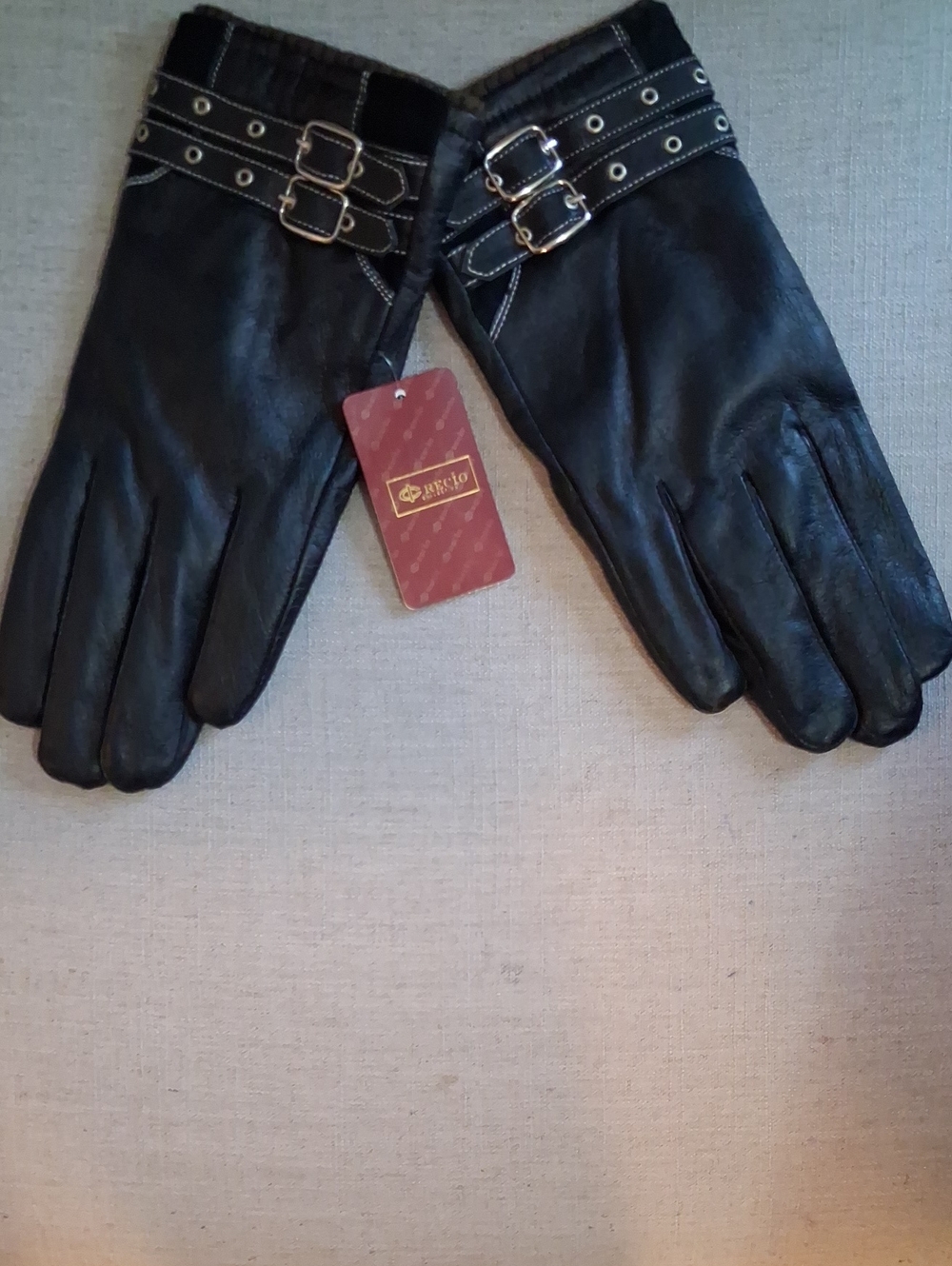 Black Leather Gloves with Buckle Detail